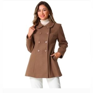 Allegra K Peter Pan Collar Double Breasted Winter Long Trench Pea Coat